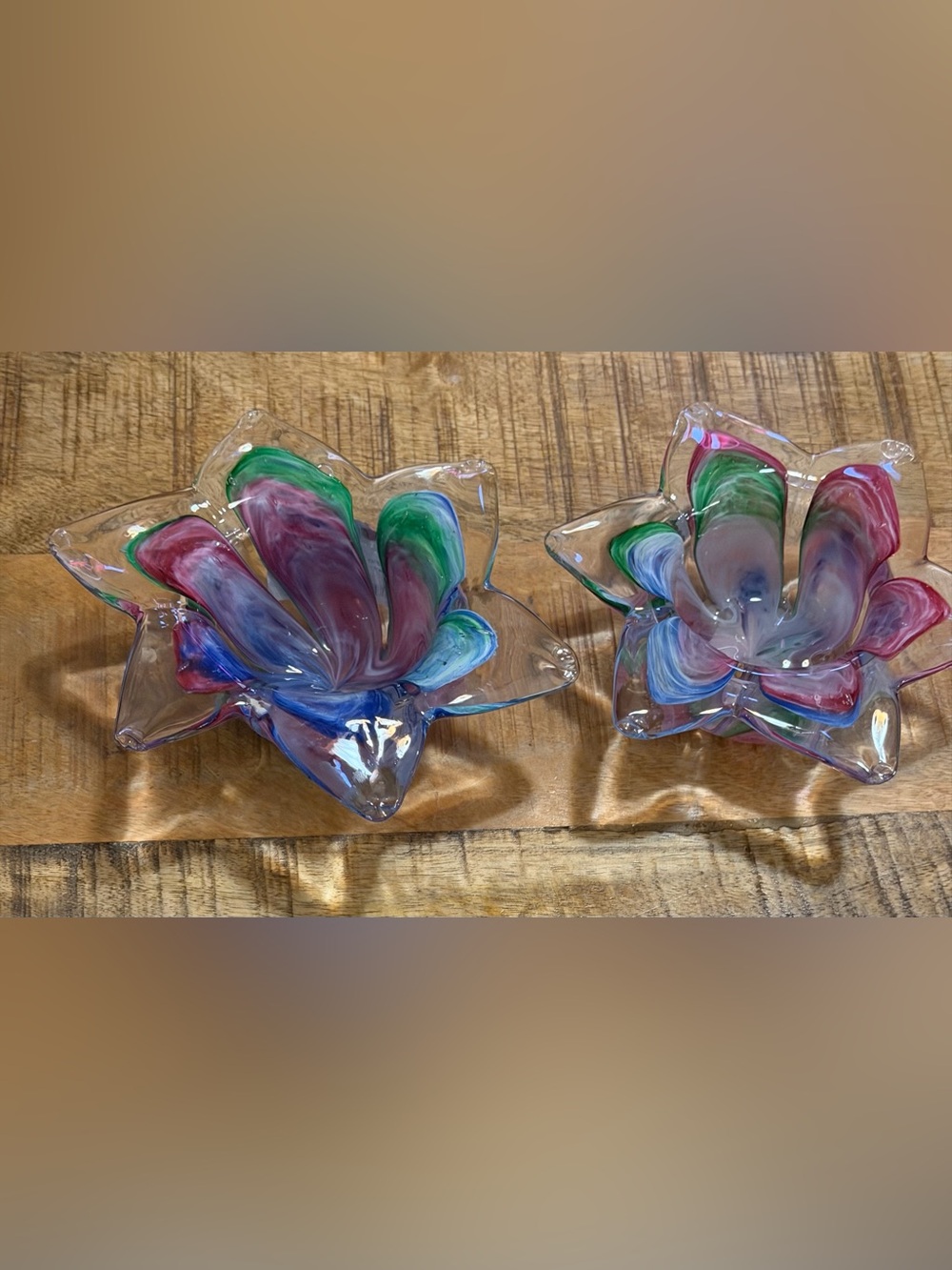 Set Of 2 Vintage Murano Style Art Glass Votive Candle Holders Multi-Color Flower